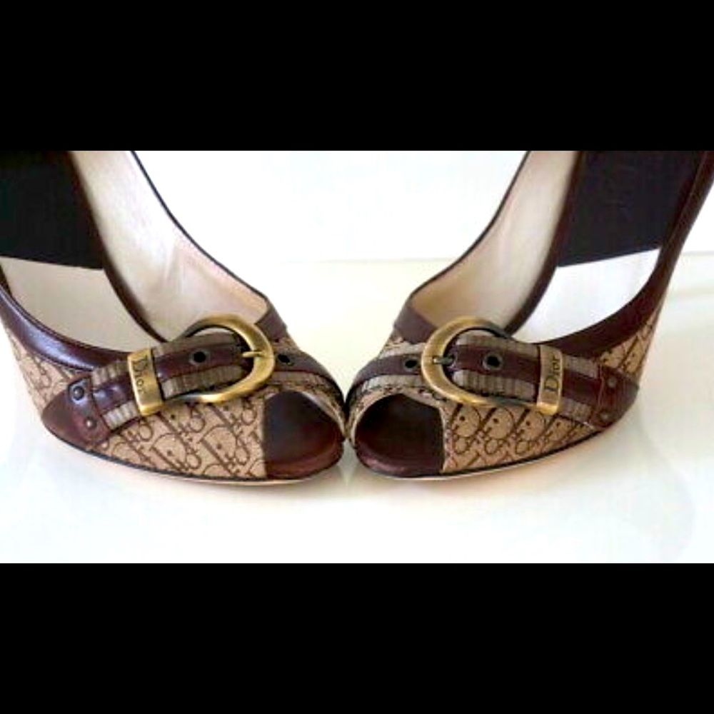 DIOR LIMITED EDITION Buckle Logo Print Canvas/Leather High Heels Peep Toe sz 38
